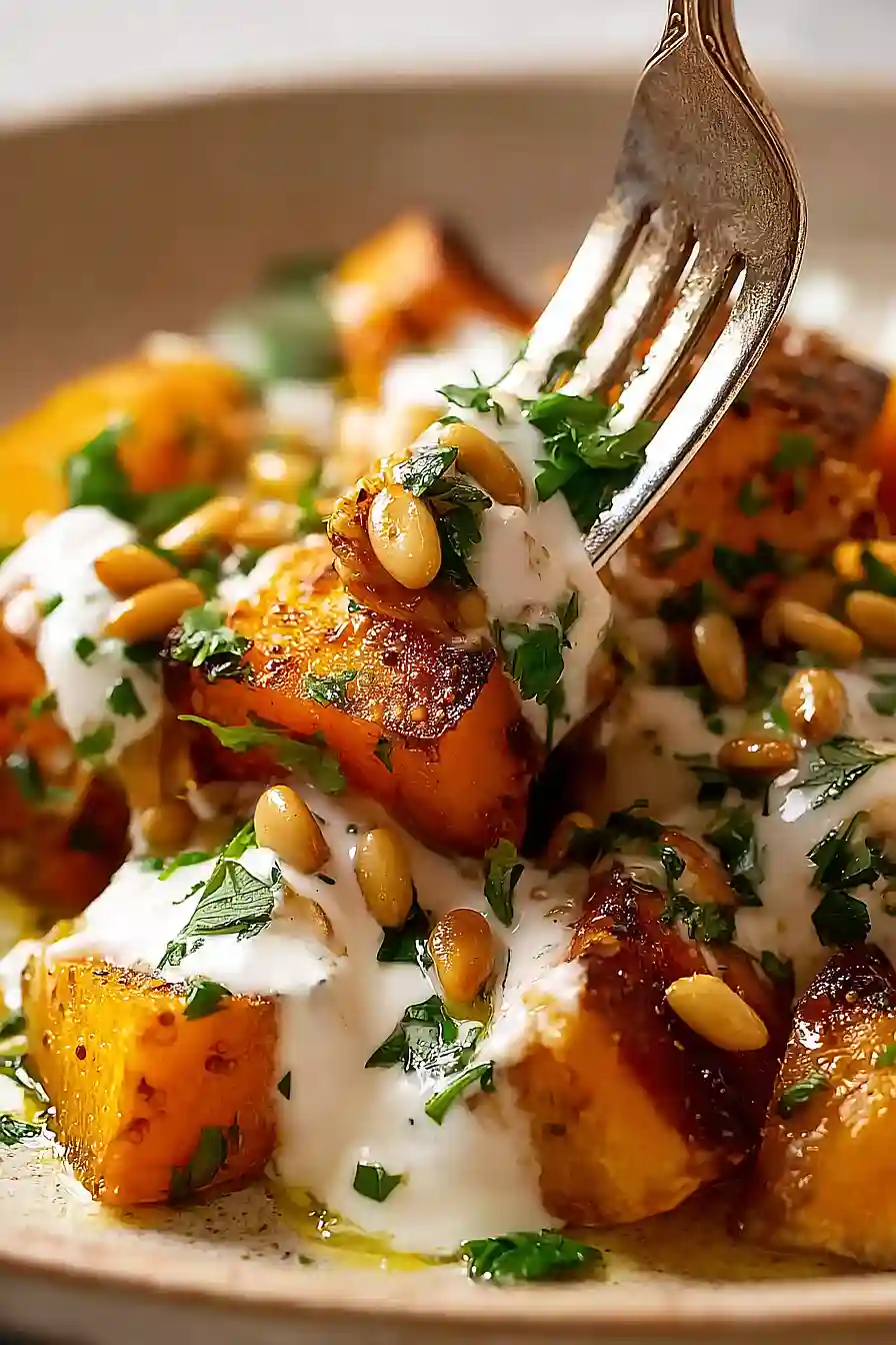 Roasted Pumpkin with Yogurt Sauce and Pine Nuts