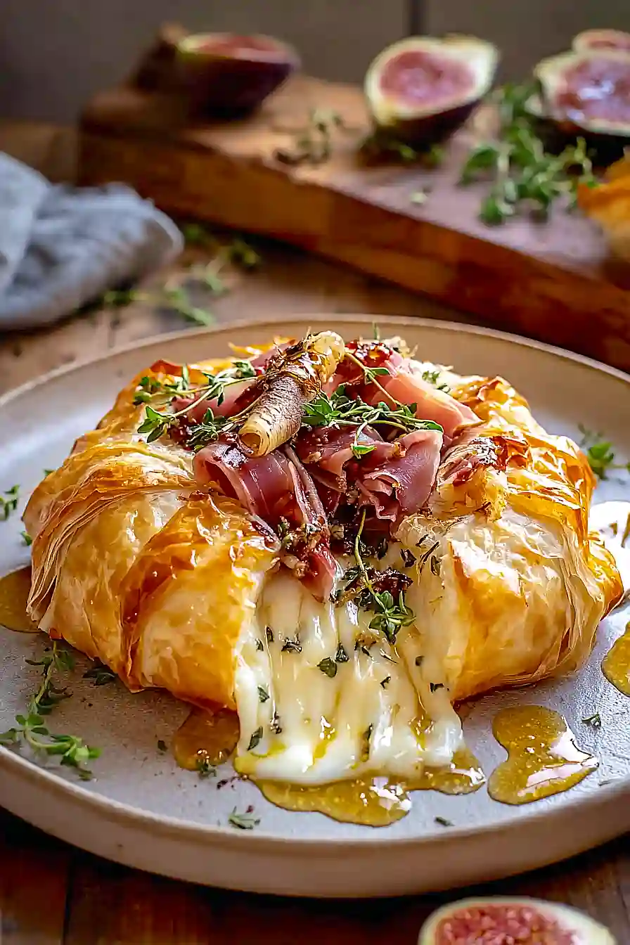 baked brie in puff pastry with prosciutto, fig and honey