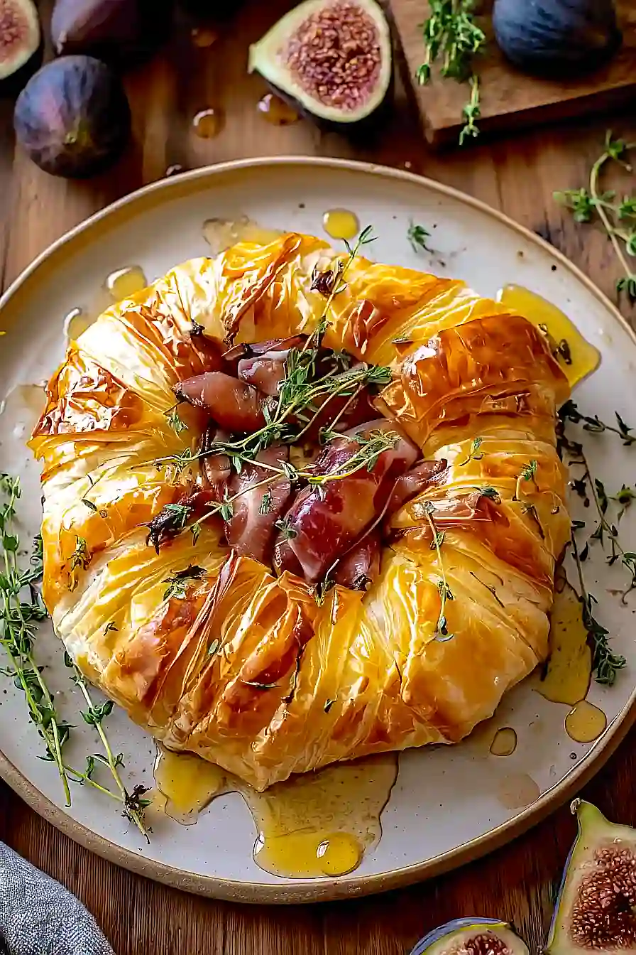 baked brie in puff pastry with prosciutto, fig and honey