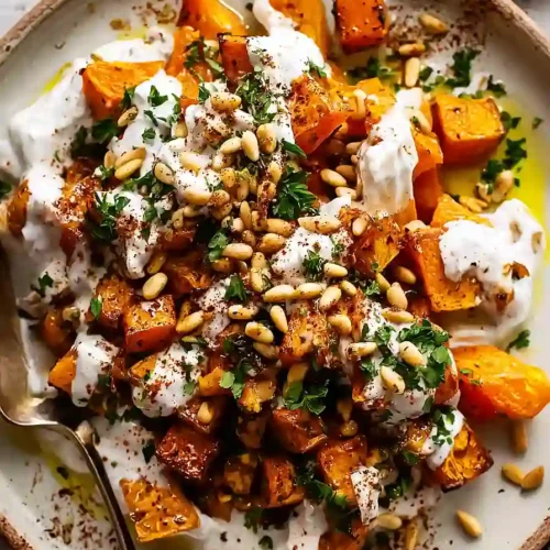Roasted Pumpkin with Yogurt Sauce and Pine Nuts