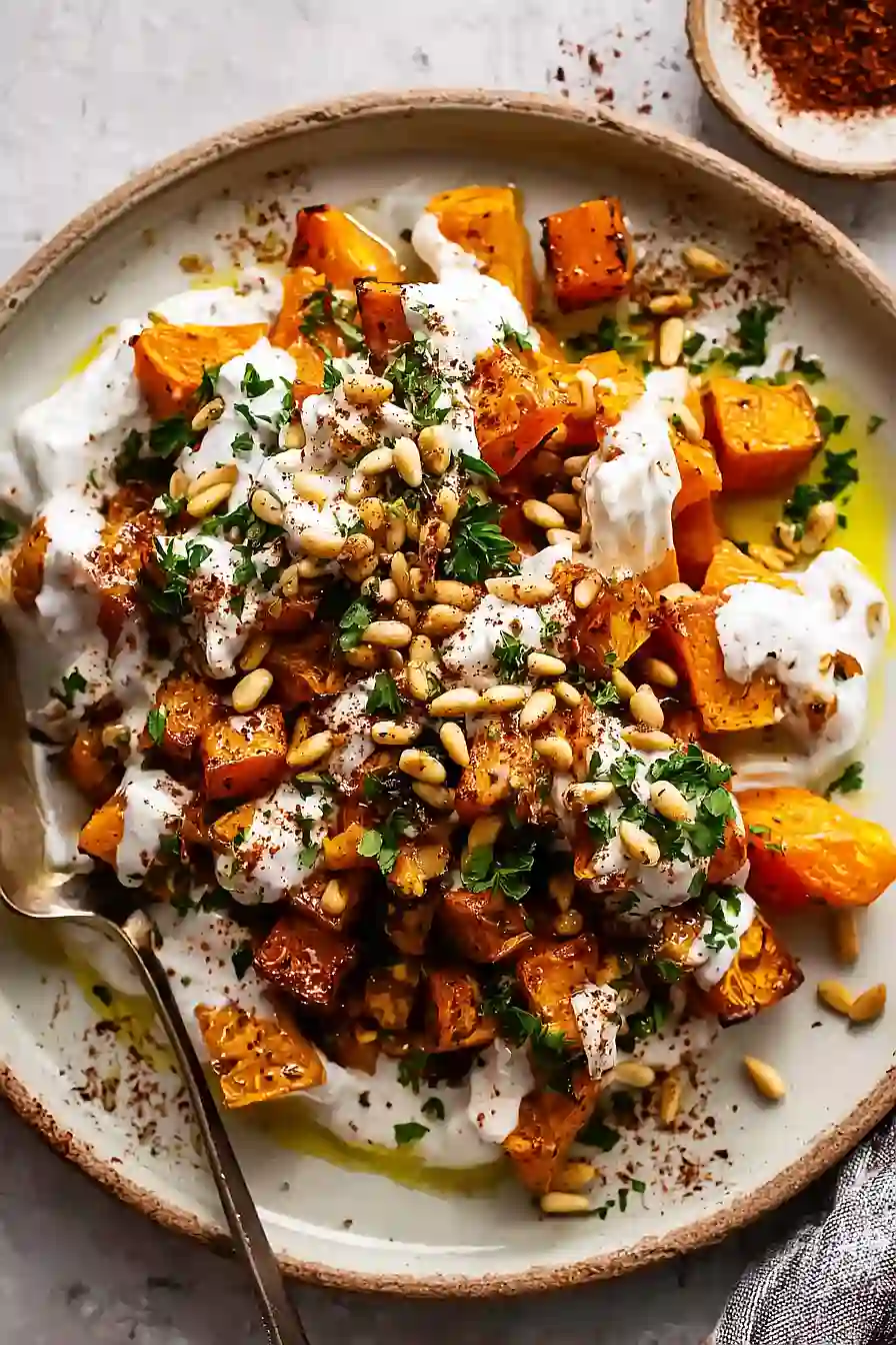 Roasted Pumpkin with Yogurt Sauce and Pine Nuts