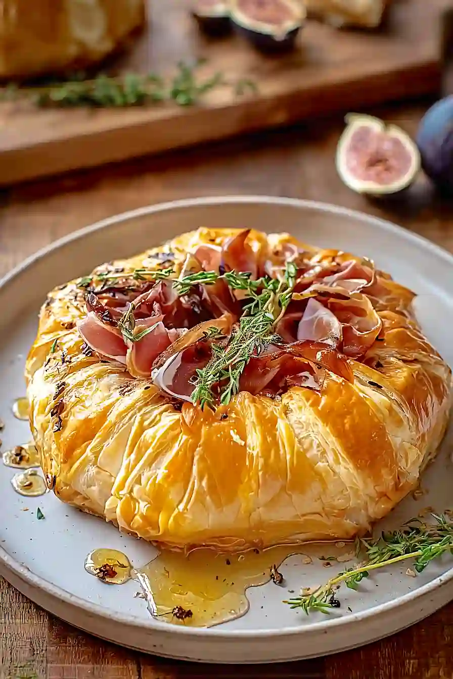 baked brie in puff pastry with prosciutto, fig and honey