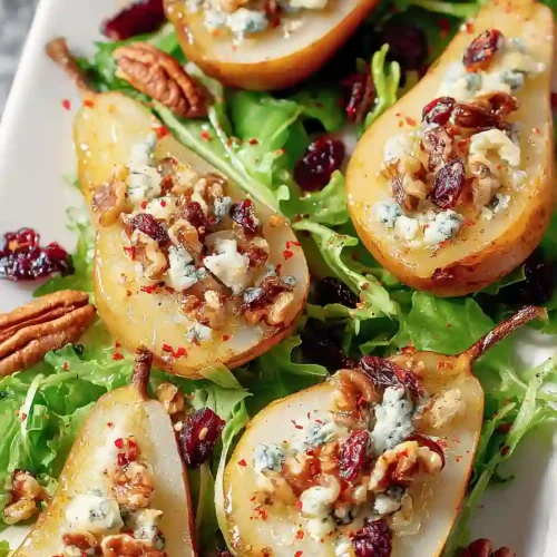 Baked Pears with Berries, Honey, Walnuts and blue Cheese