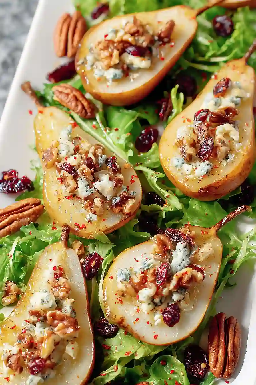 Baked Pears with Berries, Honey, Walnuts and blue Cheese