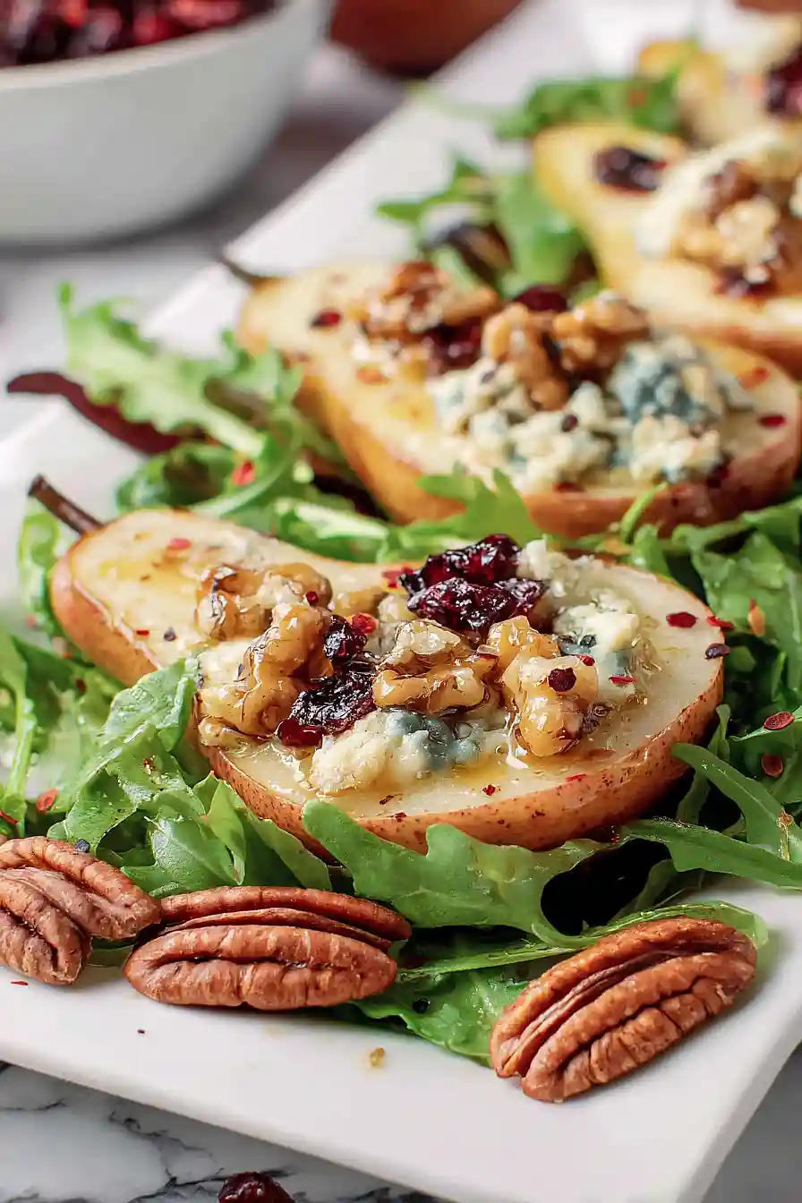 Baked Pears with Berries, Honey, Walnuts and blue Cheese
