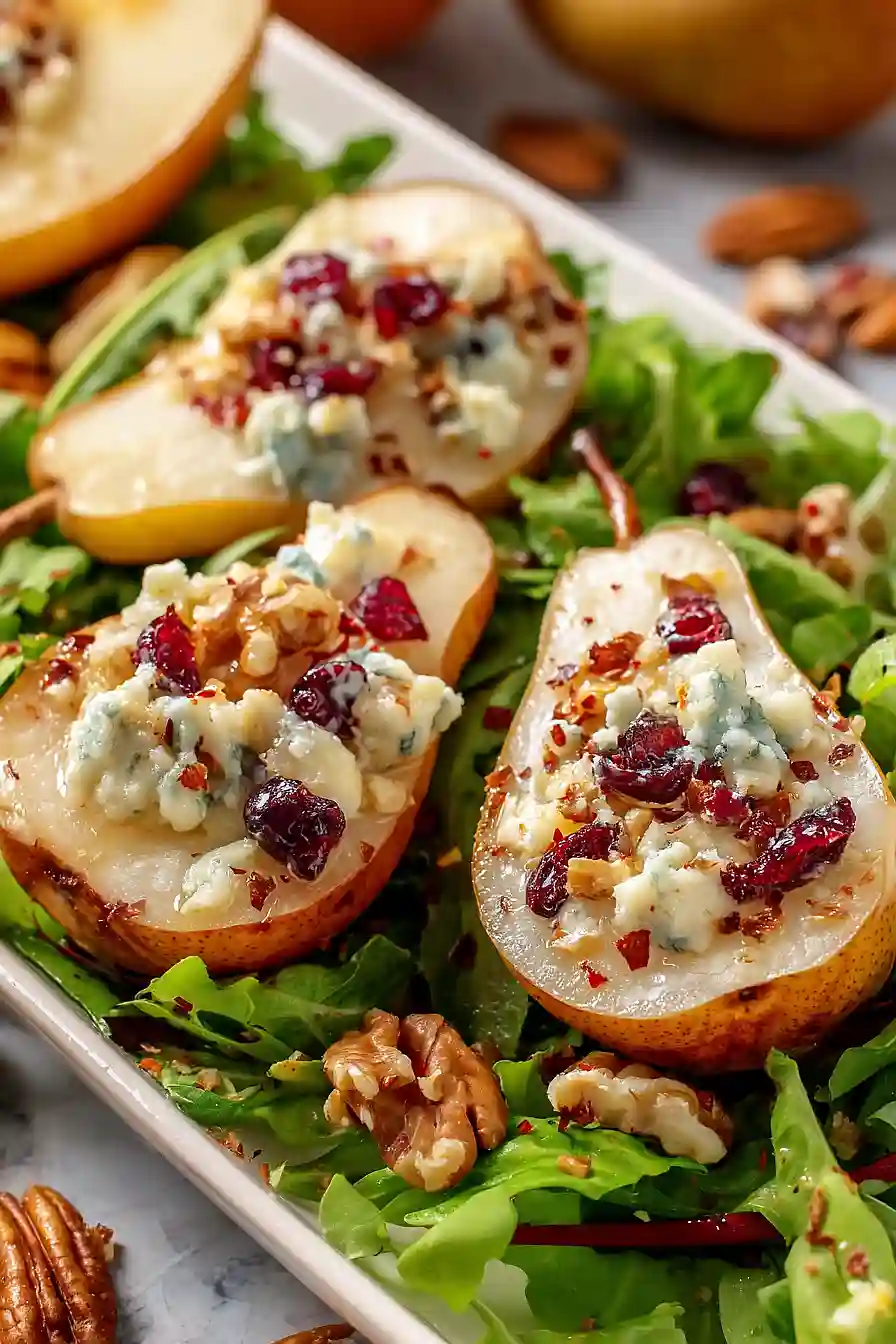 Baked Pears with Berries, Honey, Walnuts and blue Cheese