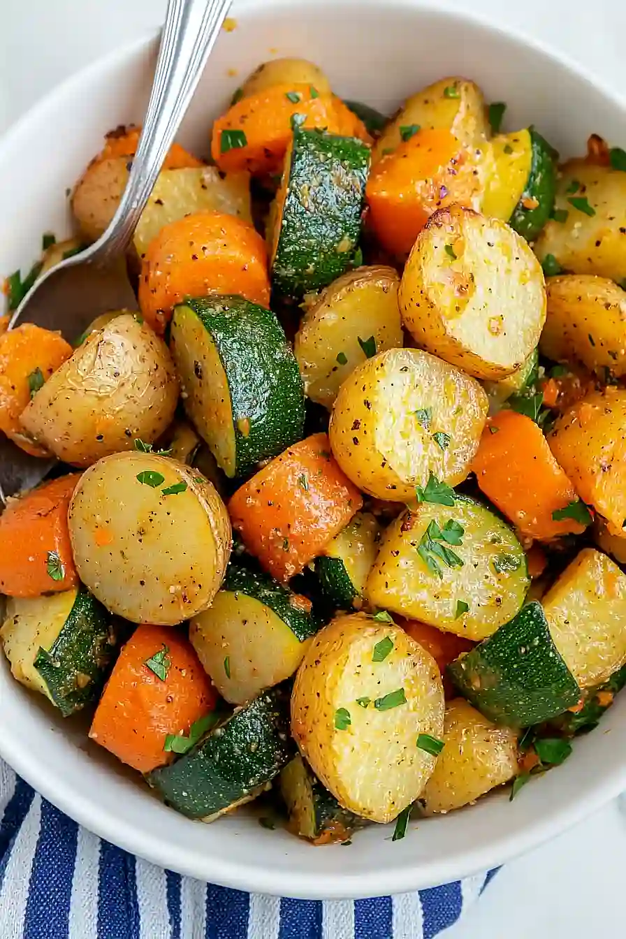roasted potatoes, carrots, and zucchini