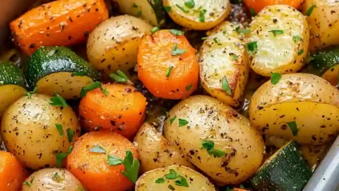 roasted potatoes, carrots, and zucchini