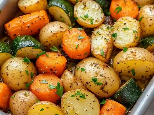 roasted potatoes, carrots, and zucchini