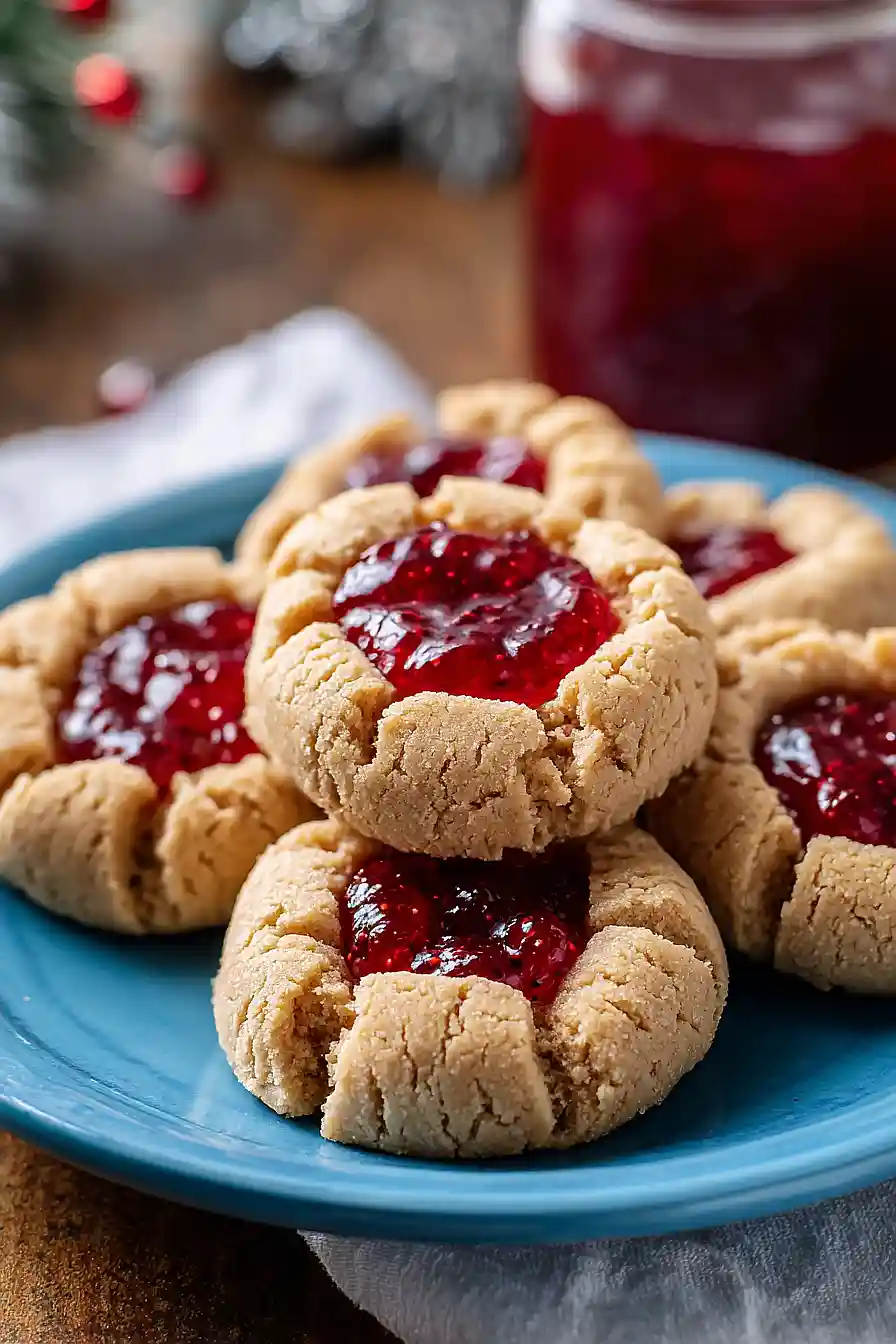 vegan peanut butter and jelly thumbprint cookies