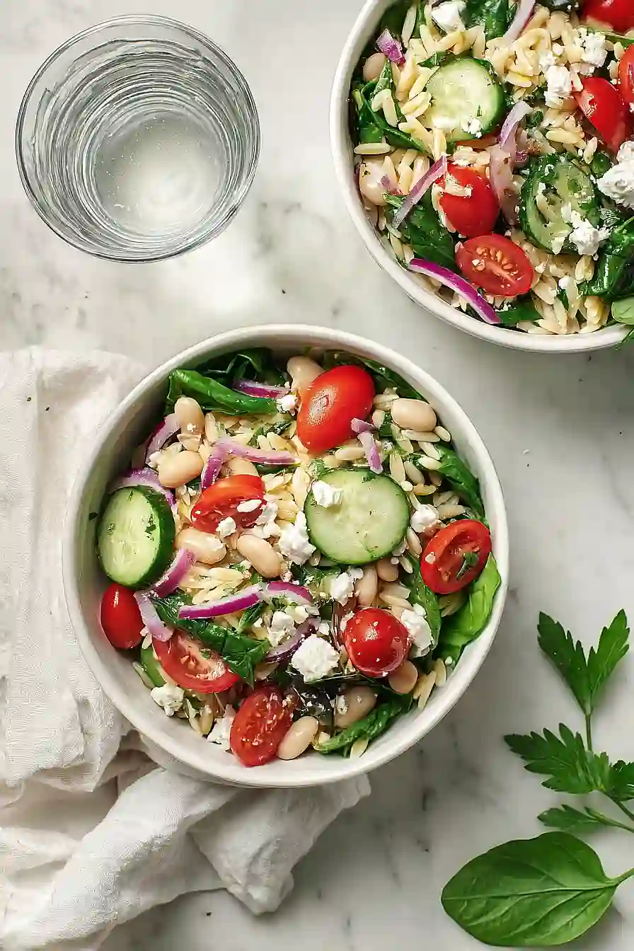 mediterranean orzo salad with spinach and feta