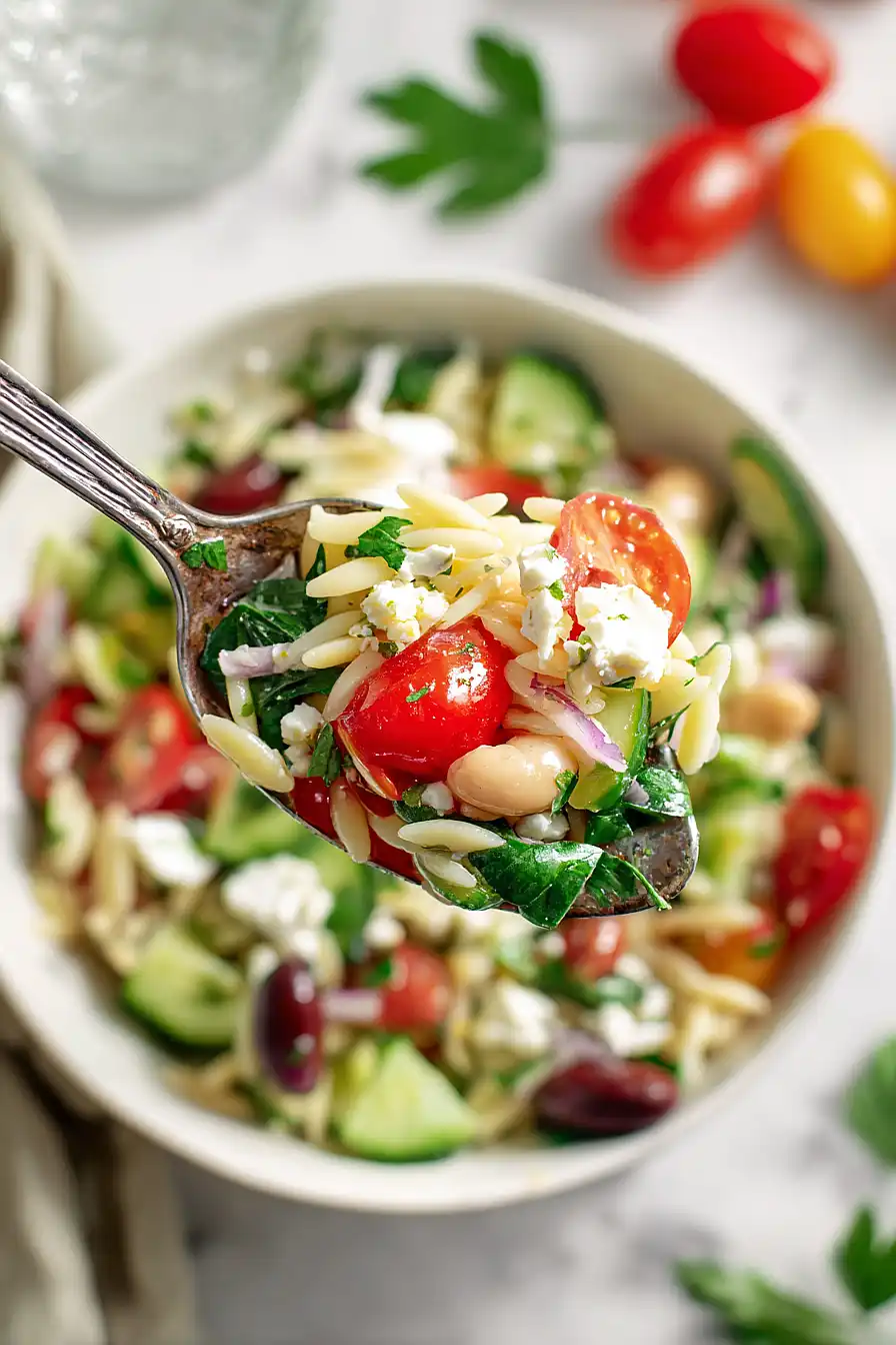 mediterranean orzo salad with spinach and feta