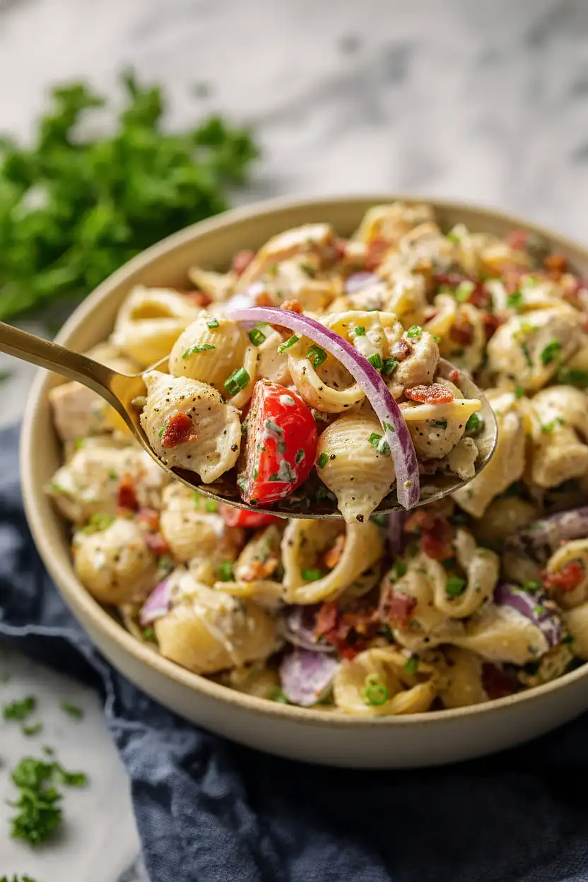 high protein bacon ranch pasta salad