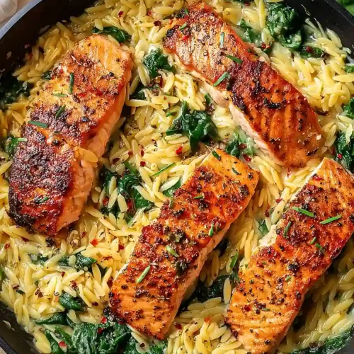 One Skillet Salmon with Lemon Orzo