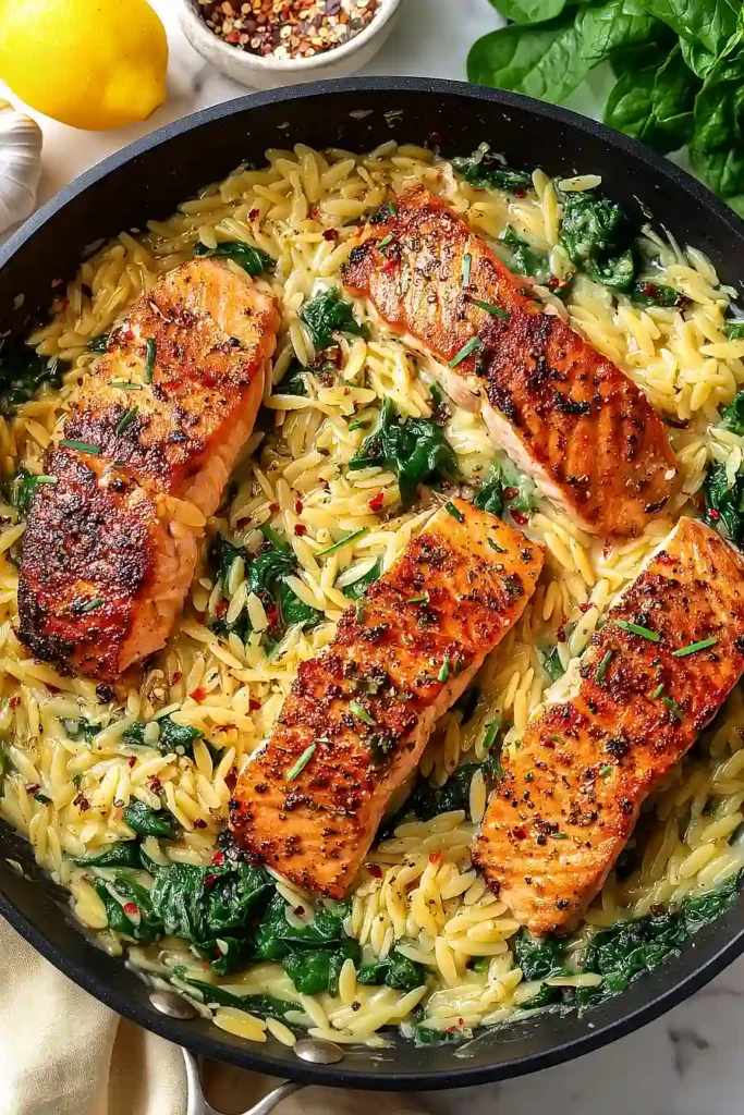 One Skillet Salmon with Lemon Orzo