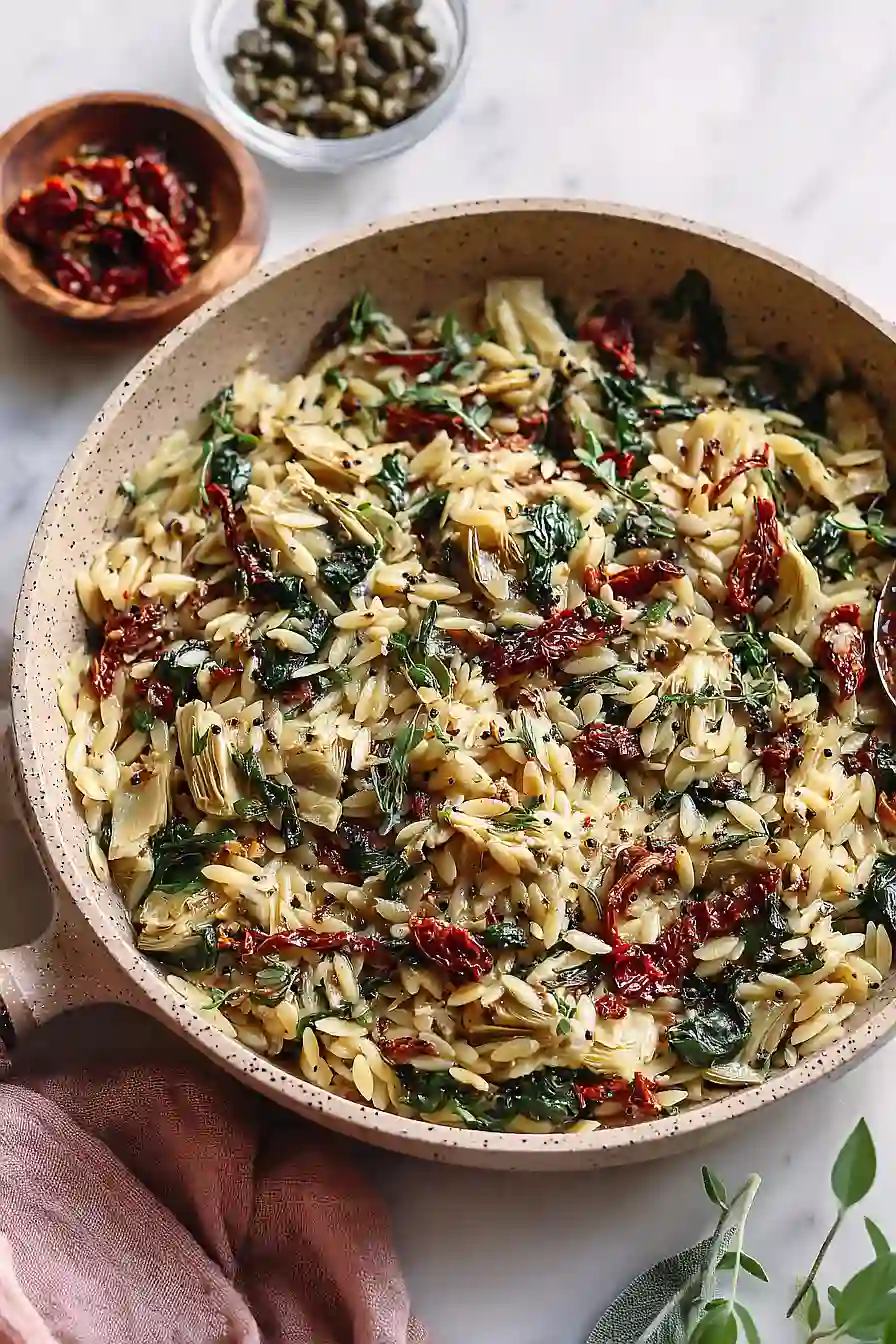 Sun-Dried Tomato Orzo with Spinach, Artichokes, and Capers