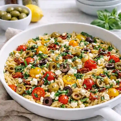 Greek Orzo with Tomatoes, Olives, Basil, and Feta