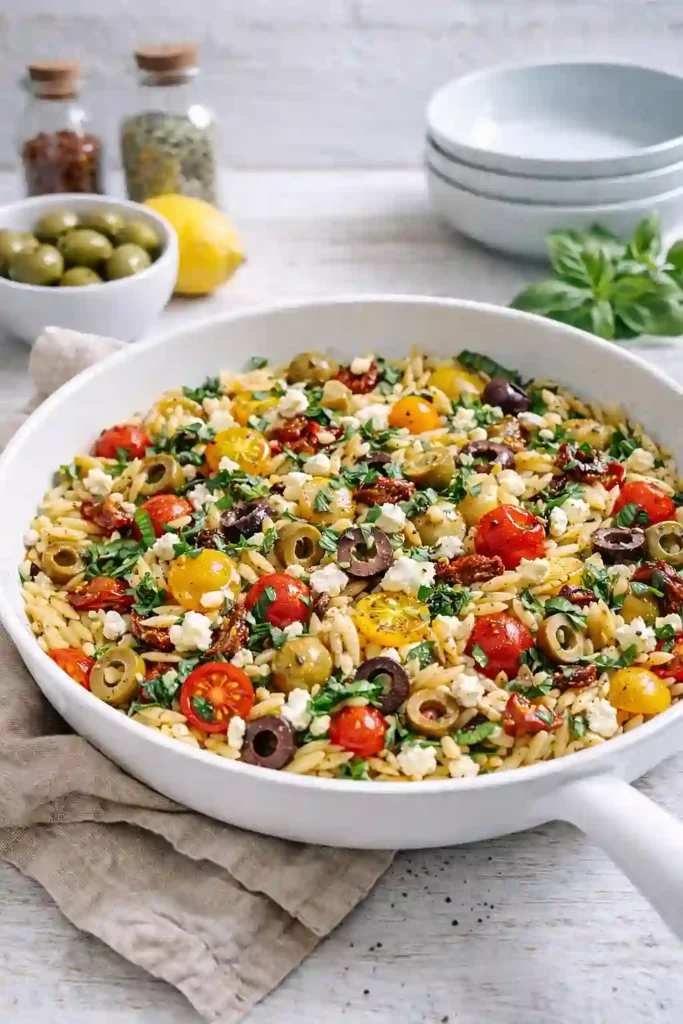 Greek Orzo with Tomatoes, Olives, Basil, and Feta