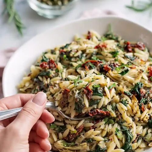 Sun-Dried Tomato Orzo with Spinach, Artichokes, and Capers