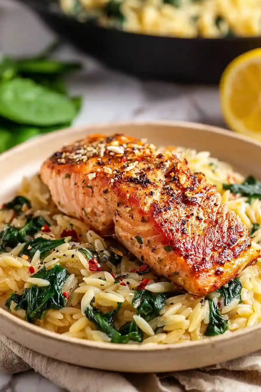 One Skillet Salmon with Lemon Orzo