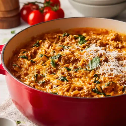 Ground Beef Orzo with Tomato Cream Sauce