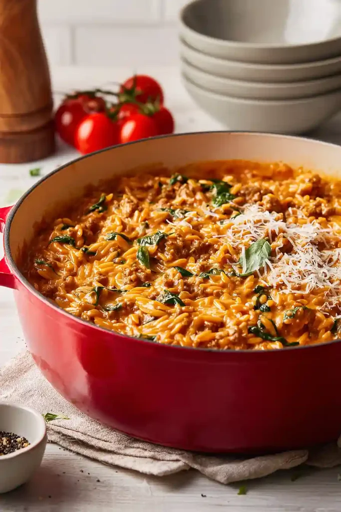 Ground Beef Orzo with Tomato Cream Sauce