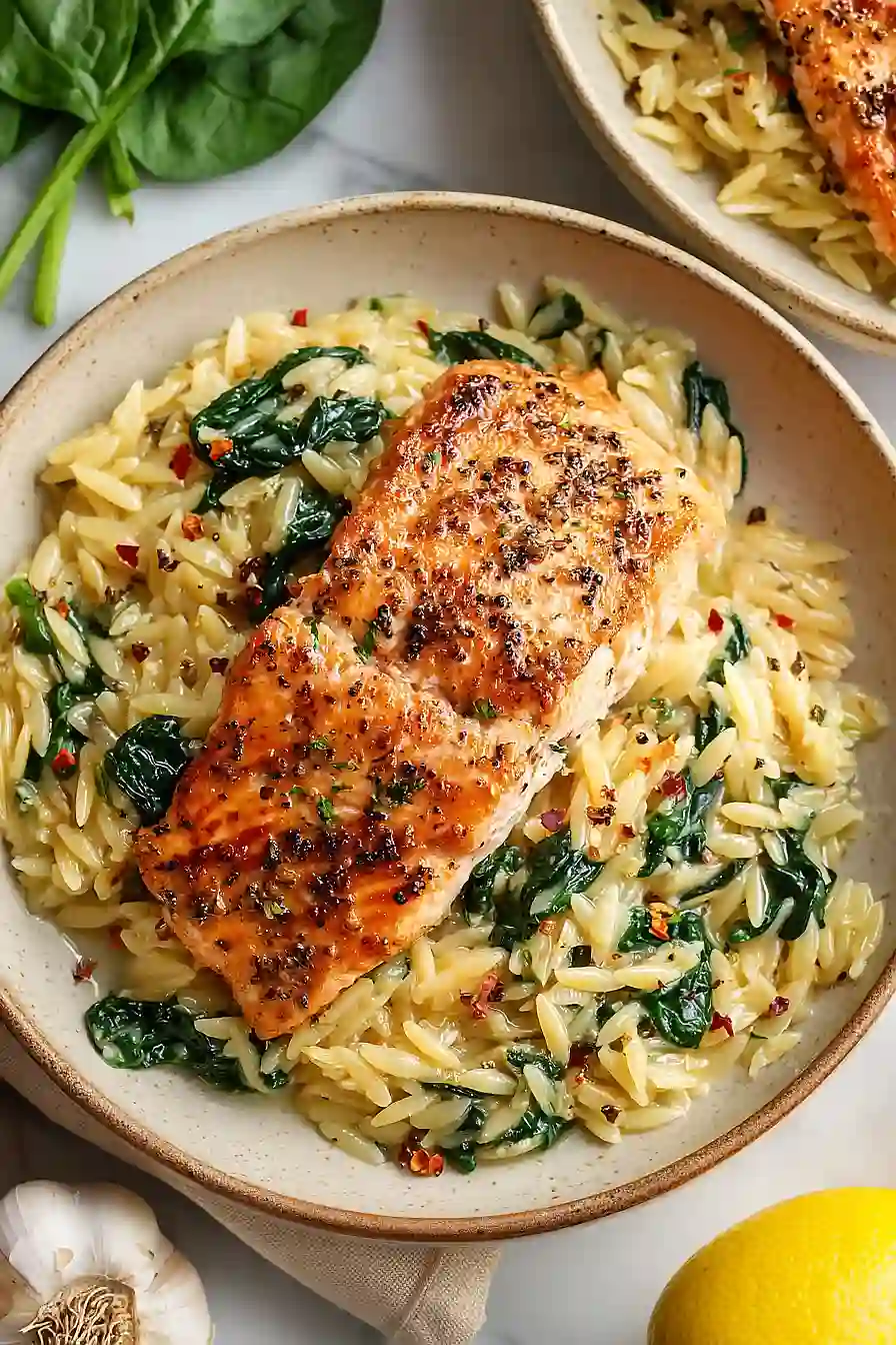 One Skillet Salmon with Lemon Orzo