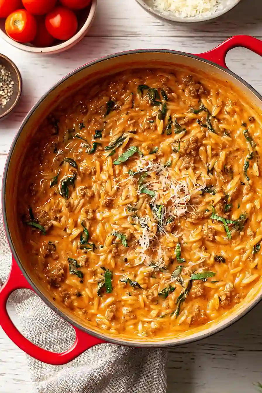 Ground Beef Orzo with Tomato Cream Sauce