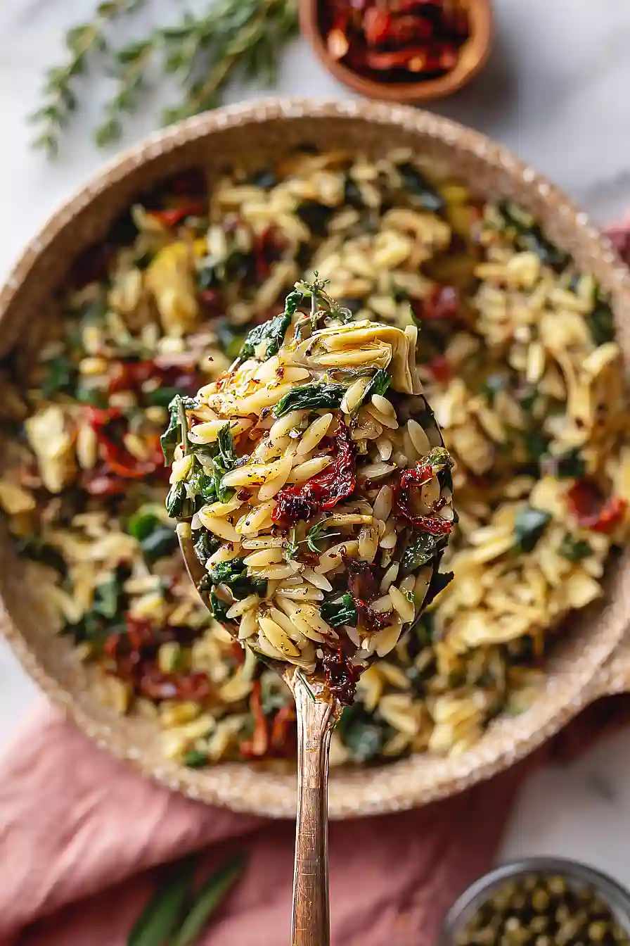 Sun-Dried Tomato Orzo with Spinach, Artichokes, and Capers