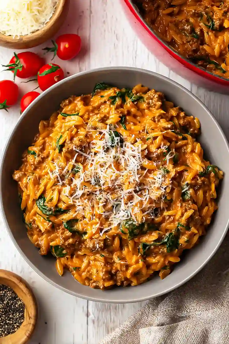 Ground Beef Orzo with Tomato Cream Sauce