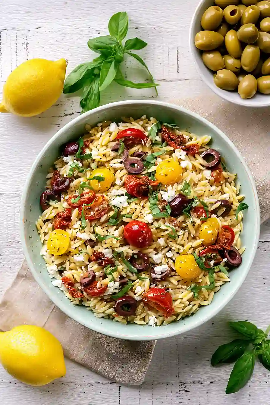 Greek Orzo with Tomatoes, Olives, Basil, and Feta