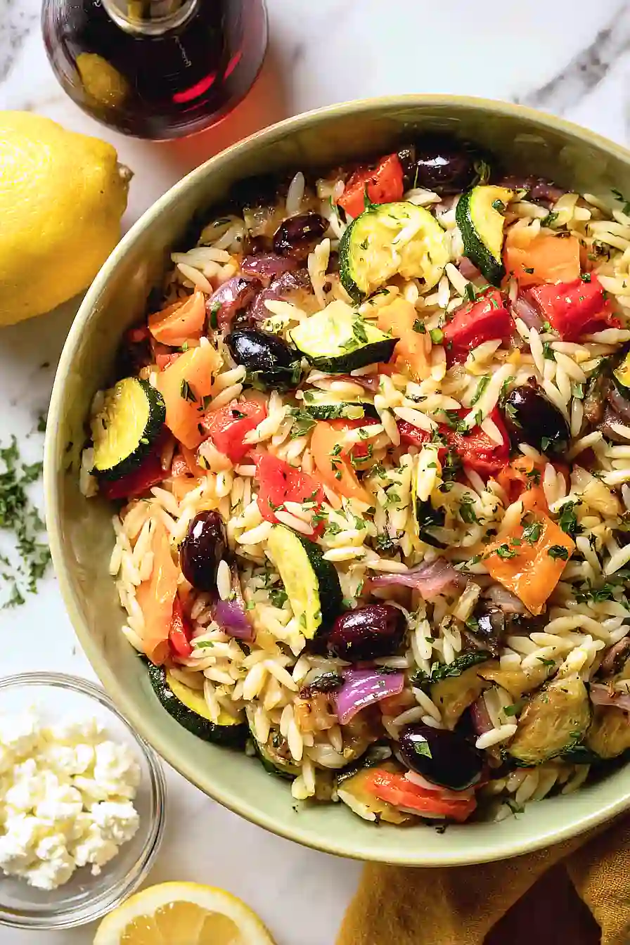 mediterranean lemon orzo salad with roasted vegetables