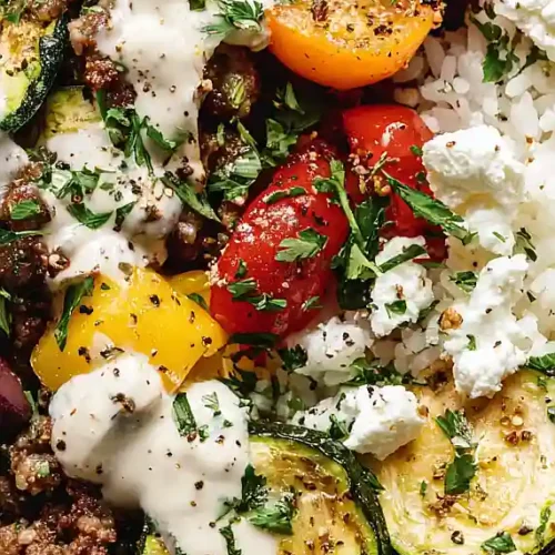 mediterranean beef bowls with lemon tahini