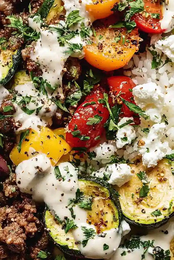 mediterranean beef bowls with lemon tahini