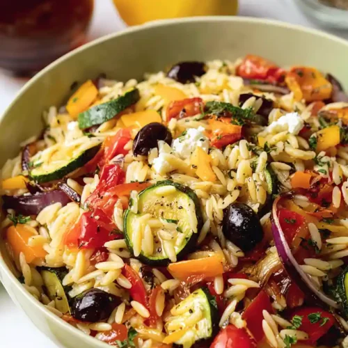 mediterranean lemon orzo salad with roasted vegetables