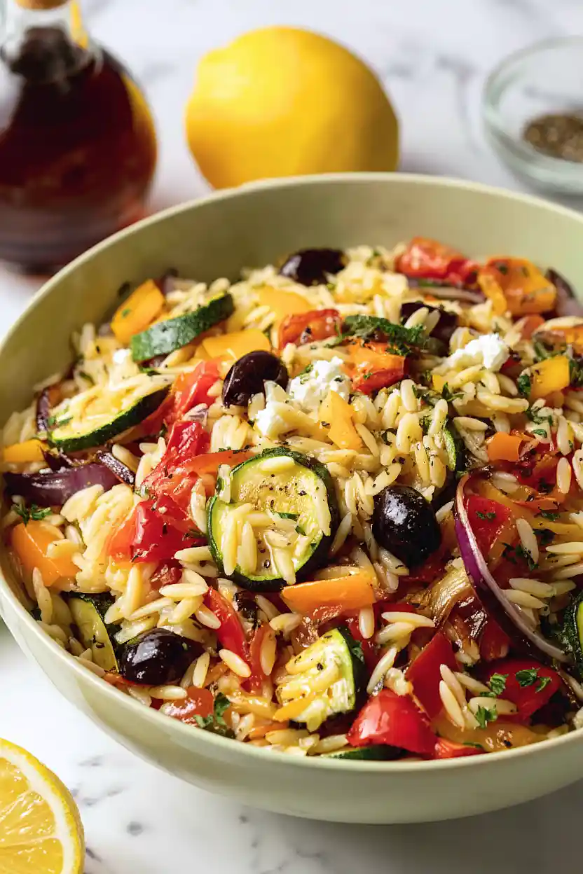 mediterranean lemon orzo salad with roasted vegetables