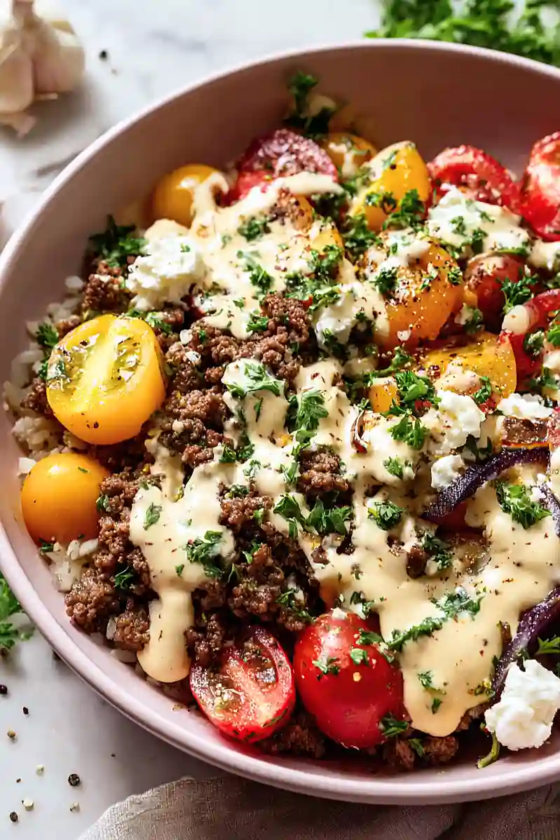mediterranean beef bowls with lemon tahini