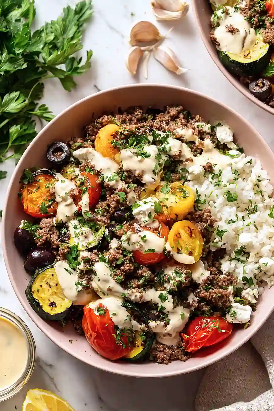 mediterranean beef bowls with lemon tahini