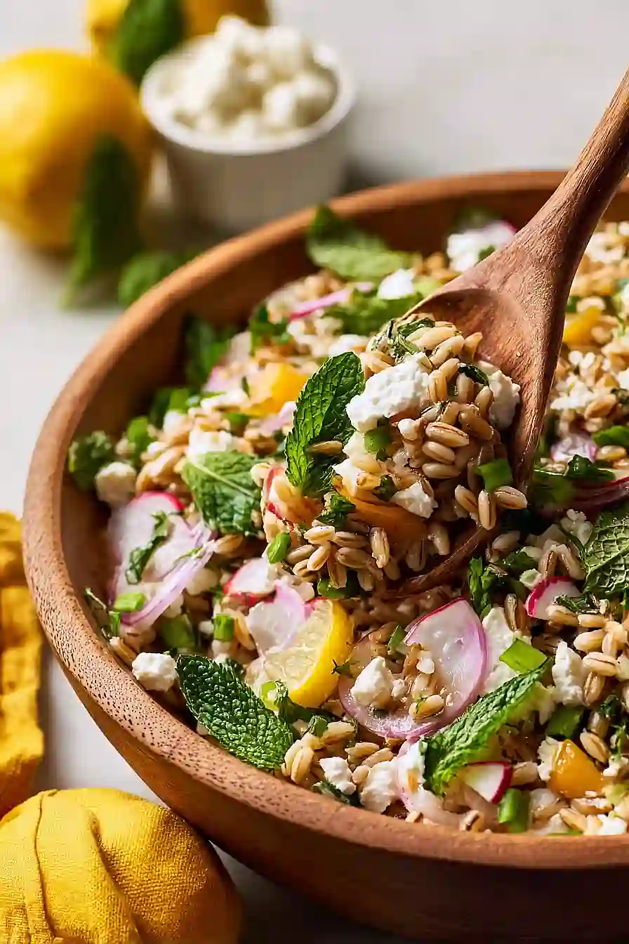 lemony farro pasta salad with goat cheese and mint