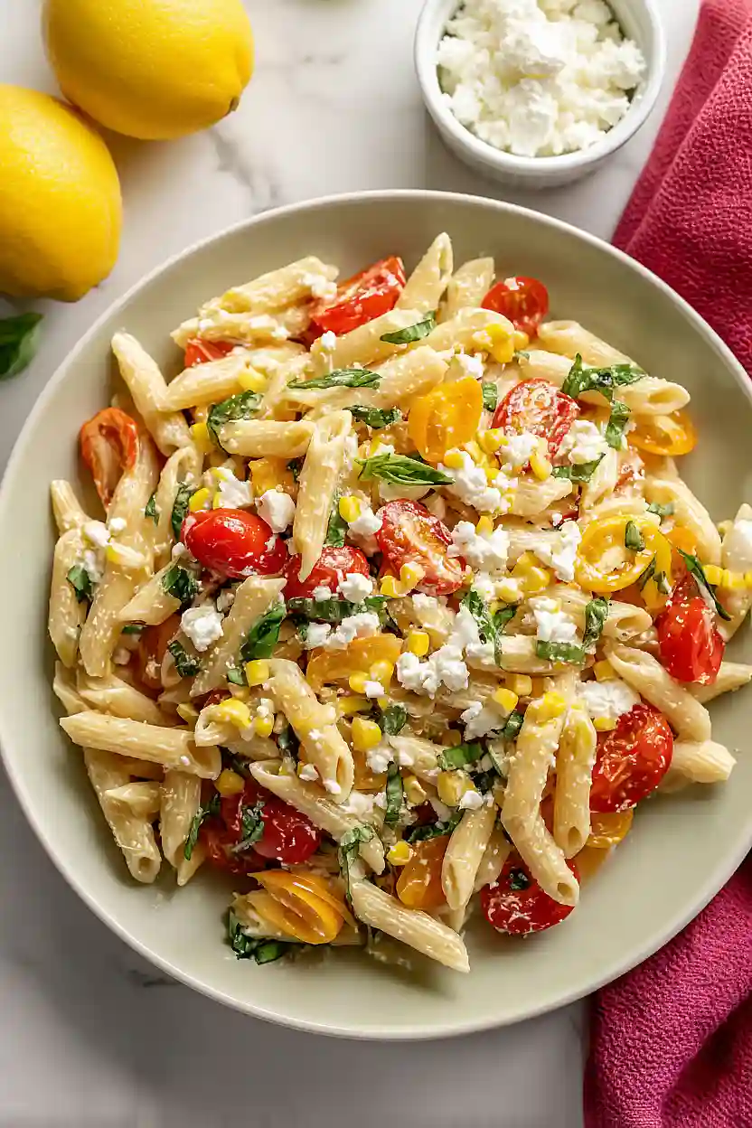 basil pasta salad with goat cheese