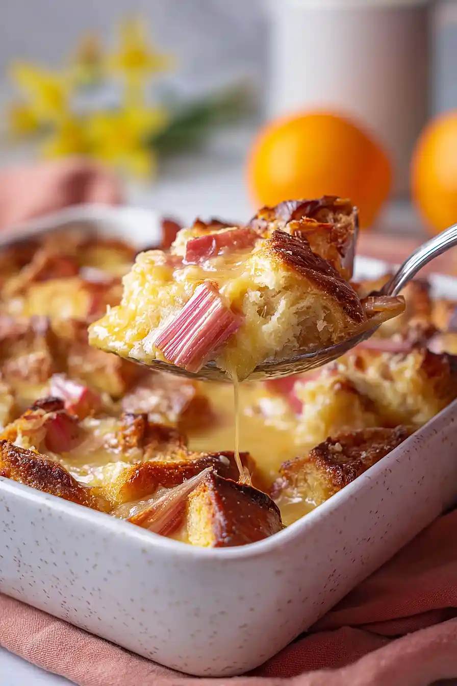 rhubarb bread pudding with orange custard