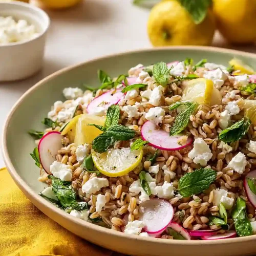 lemony farro pasta salad with goat cheese and mint