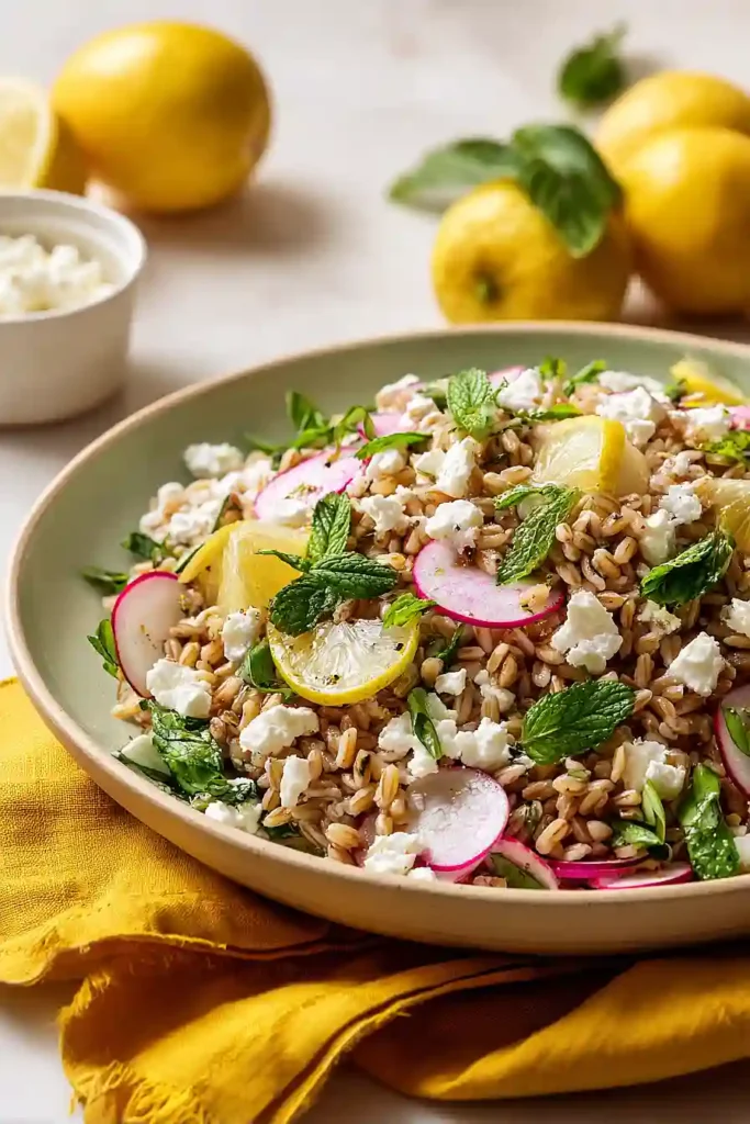 lemony farro pasta salad with goat cheese and mint