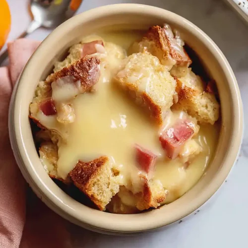 rhubarb bread pudding with orange custard