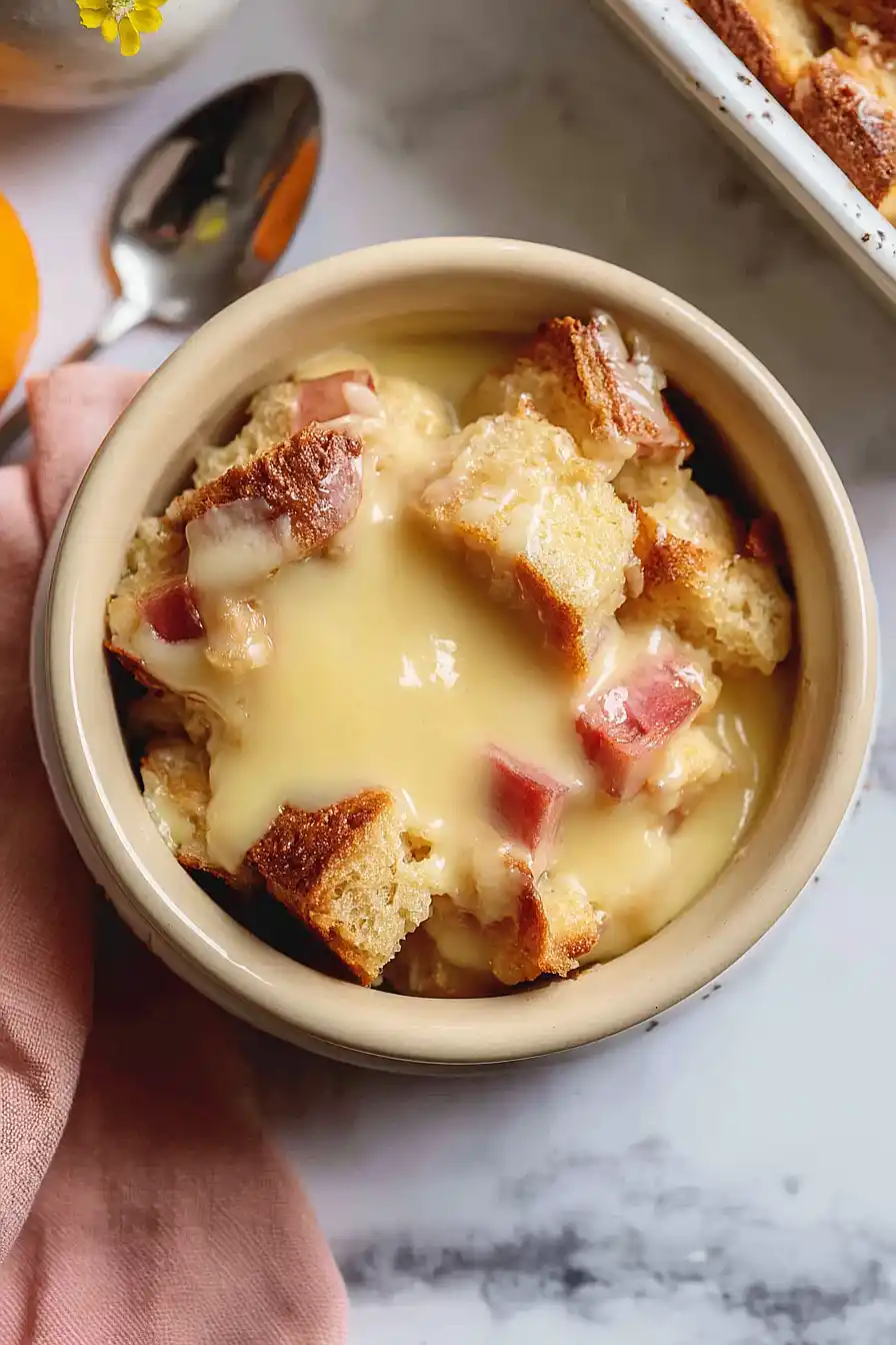 rhubarb bread pudding with orange custard