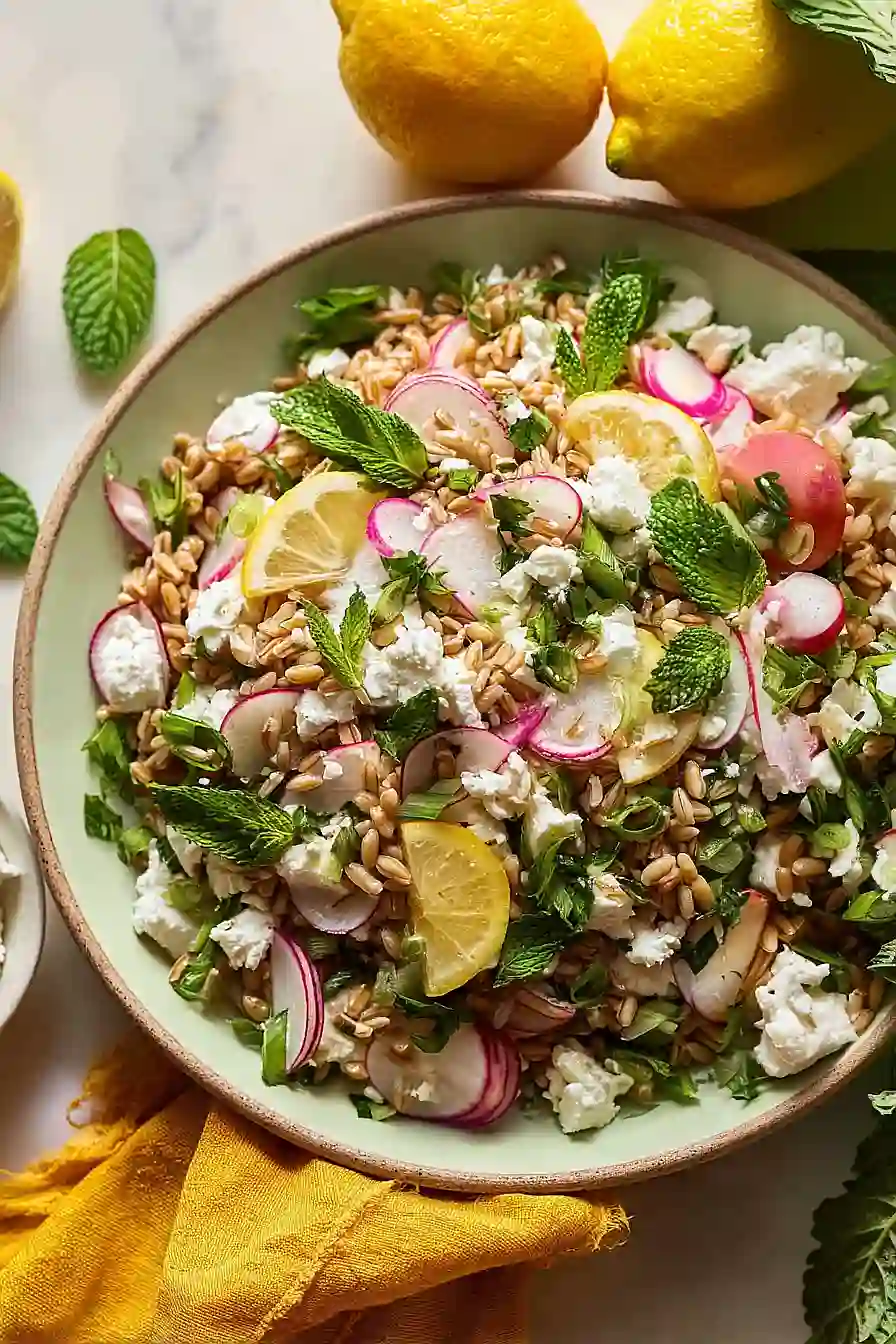lemony farro pasta salad with goat cheese and mint