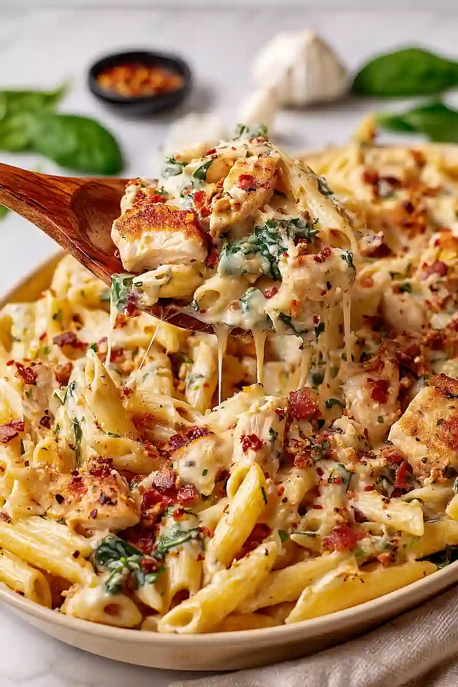 chicken and bacon pasta with spinach and tomatoes in garlic sauce