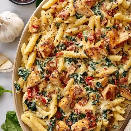 chicken and bacon pasta with spinach and tomatoes in garlic sauce
