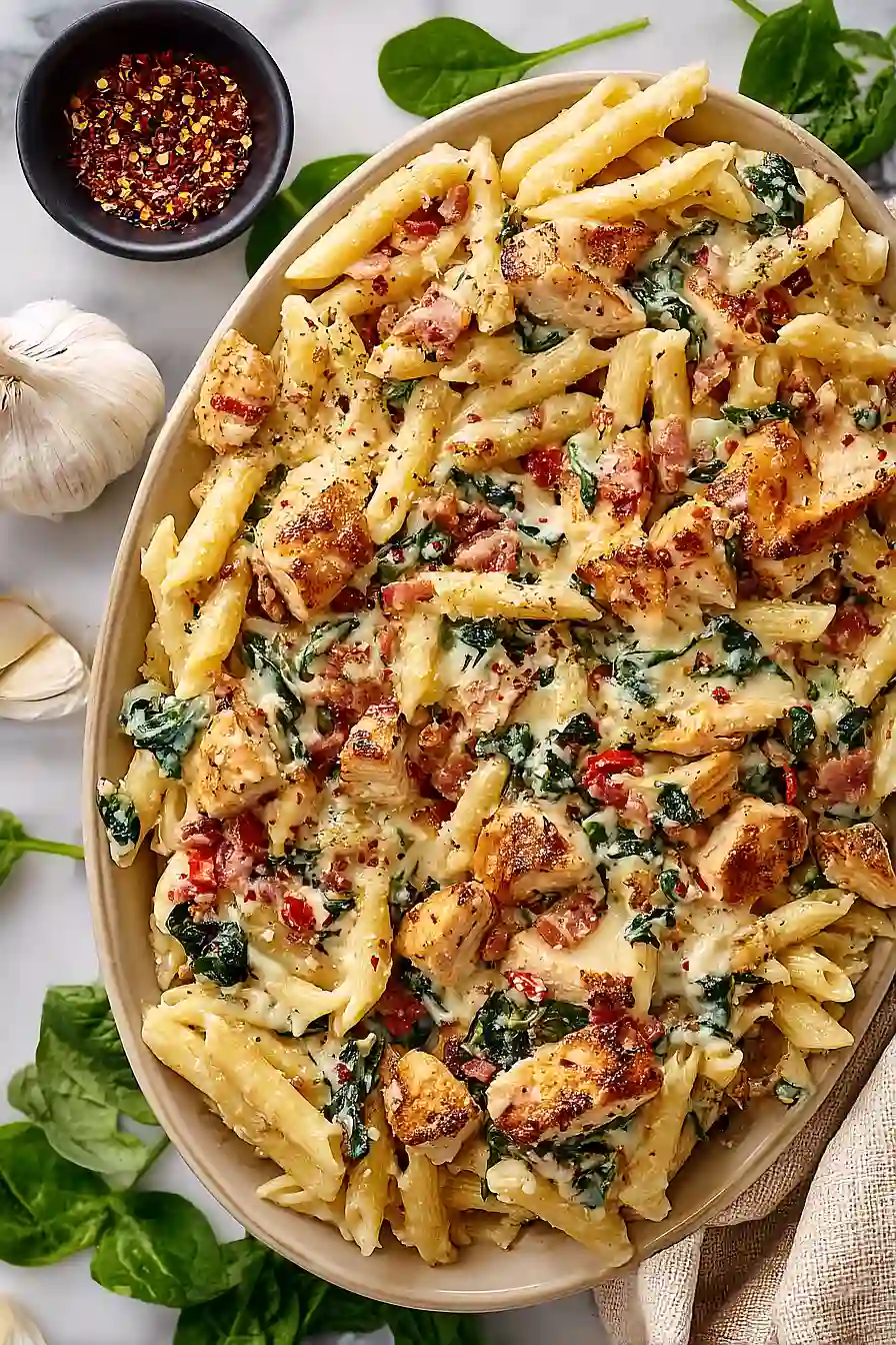 chicken and bacon pasta with spinach and tomatoes in garlic sauce